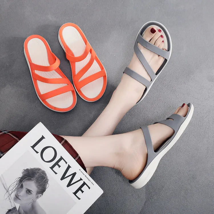 Women's solid-colour casual sandals in red, made from breathable PP material for summer.