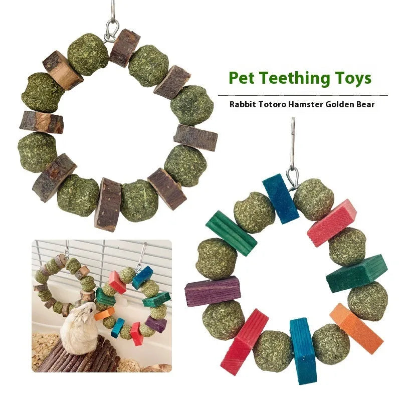 Applewood and woven straw ball chew ring toy for small pets on a white background.