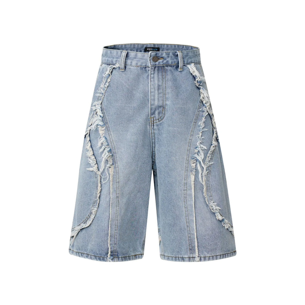 Distressed raw edge denim shorts in straight leg cut available in black, dark blue, and light blue colours