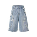 Distressed raw edge denim shorts in straight leg cut available in black, dark blue, and light blue colours