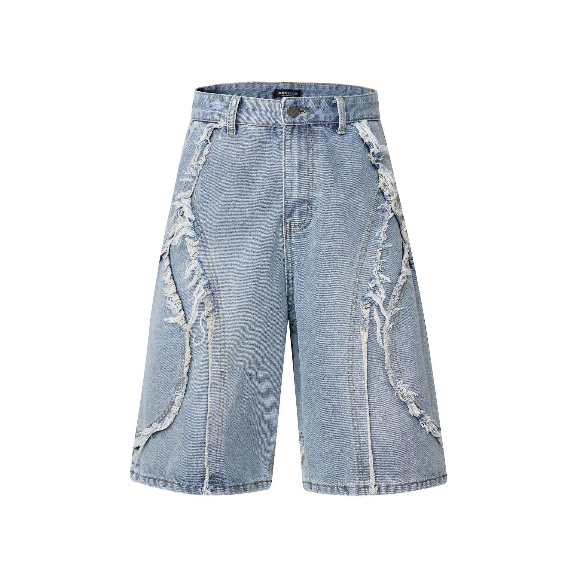 Distressed raw edge denim shorts in straight leg cut available in black, dark blue, and light blue colours