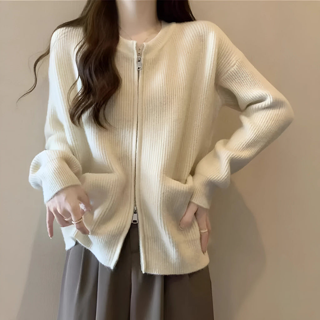 Beige soft glutinous sweater coat cardigan with long sleeves on hanger