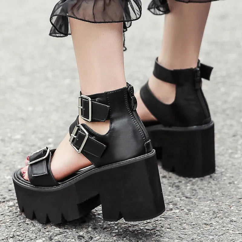 Black Roman style chunky heel sandals with thick platform sole and back zipper for punk Harajuku street fashion