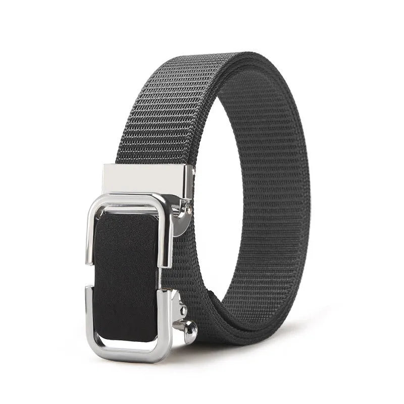 Men's nylon canvas belt with a silver toothless alloy buckle on a grey strap.
