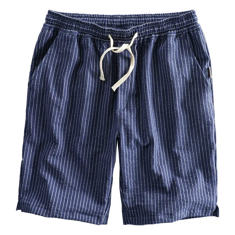 Men's striped casual shorts in cotton with elastic waistband shown in multiple colour options