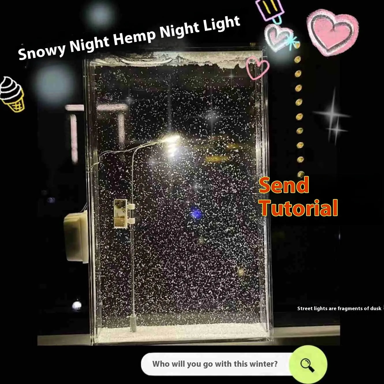 DIY material kit for assembling a snowy landscape night light with small street lamp and LED lights.