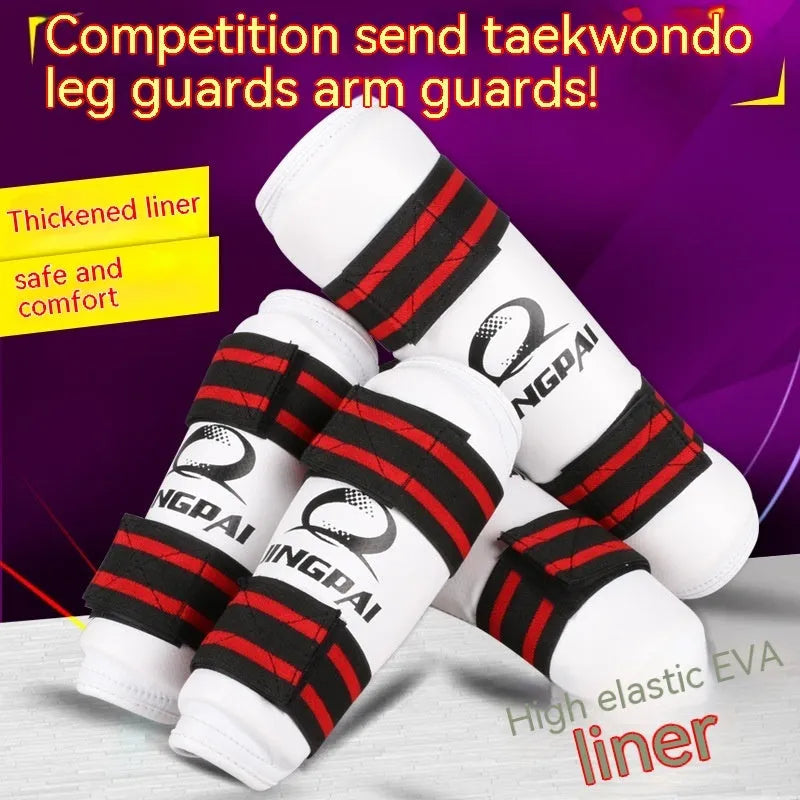 Taekwondo protective gear set showing leg guards and arm guards in PU EVA material