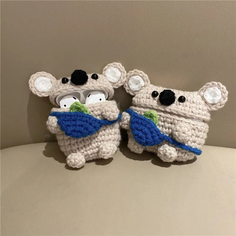 Handmade knitted AirPods protective case with koala bear backpack design for wireless earbuds