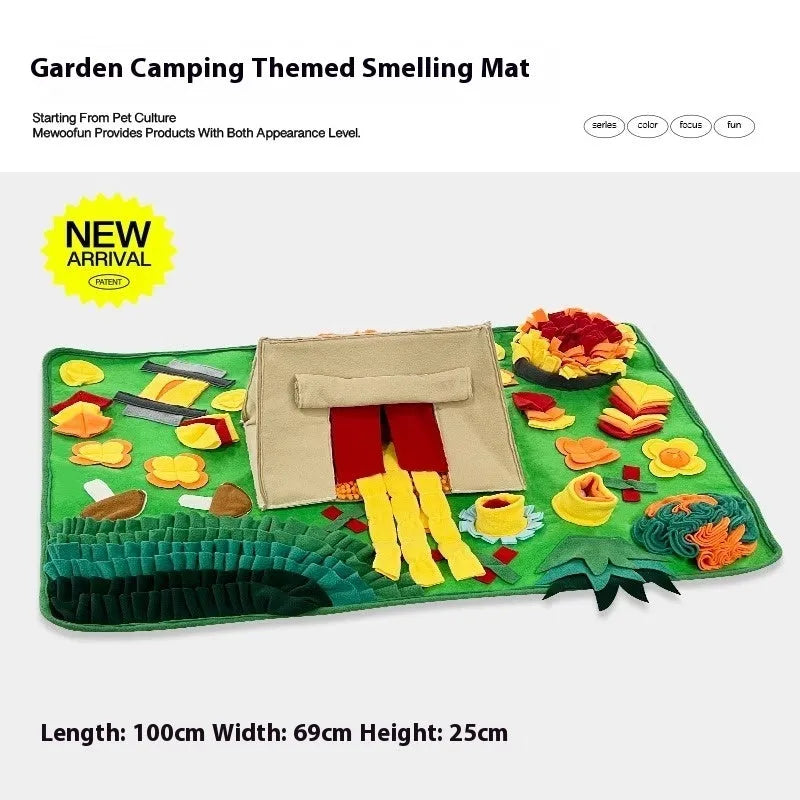 Themed dog sniffing mat with food hiding design for canine enrichment activities
