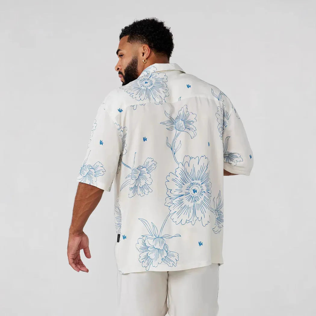 Men's printed flower pattern short sleeve top in polyester fabric with loose casual fit