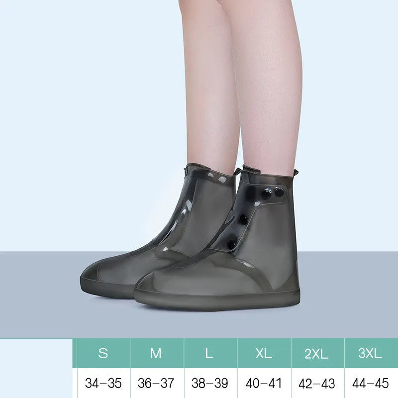 Women's white PVC high-top waterproof shoe covers with anti-skid soles for rainy day outdoor use