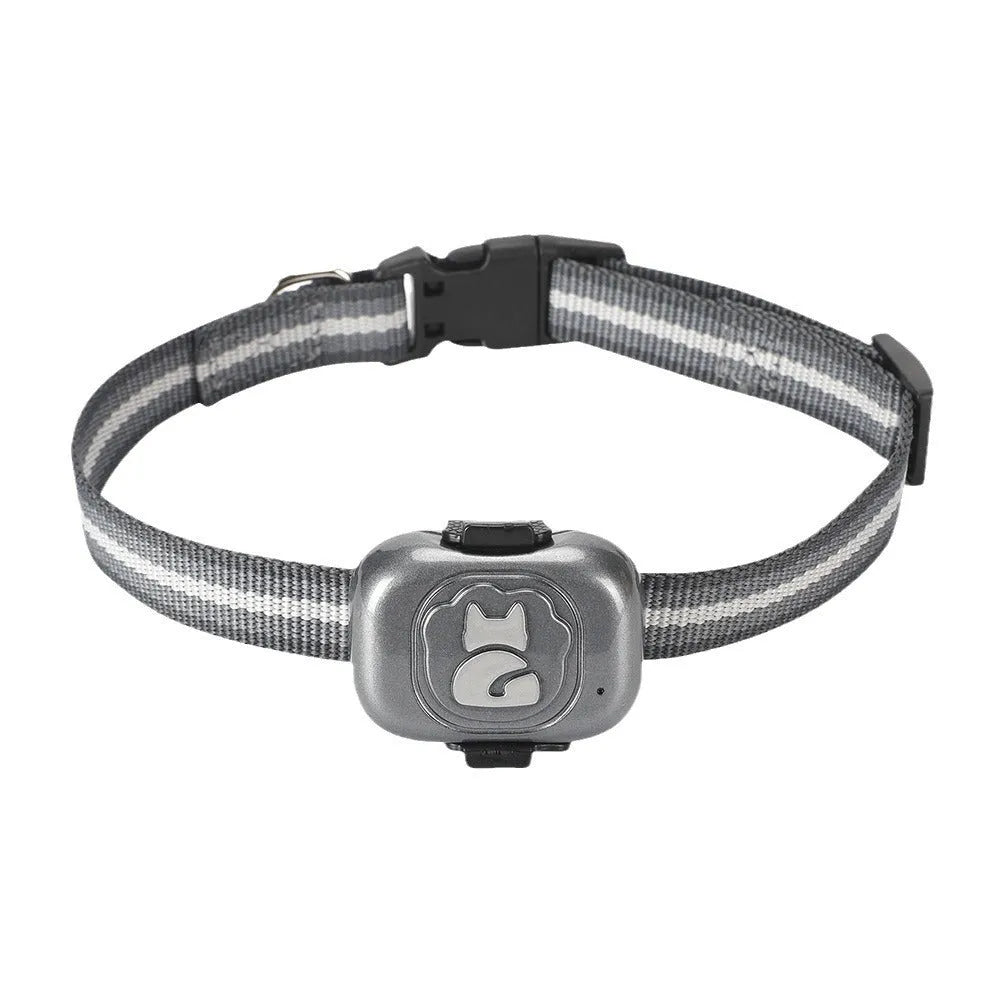 Black ABS plastic pet GPS locator with hanging rope attached for collar mounting.