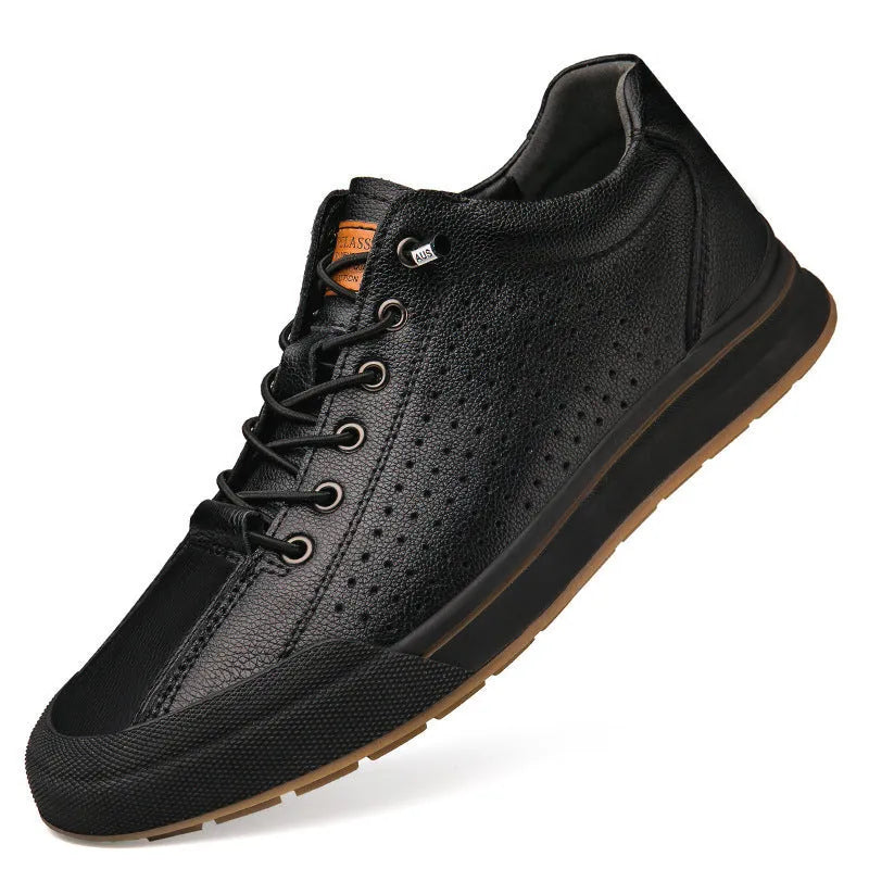 Men's white and black matte leather casual shoes with flat heel and round toe, shown in various colour and lining options.