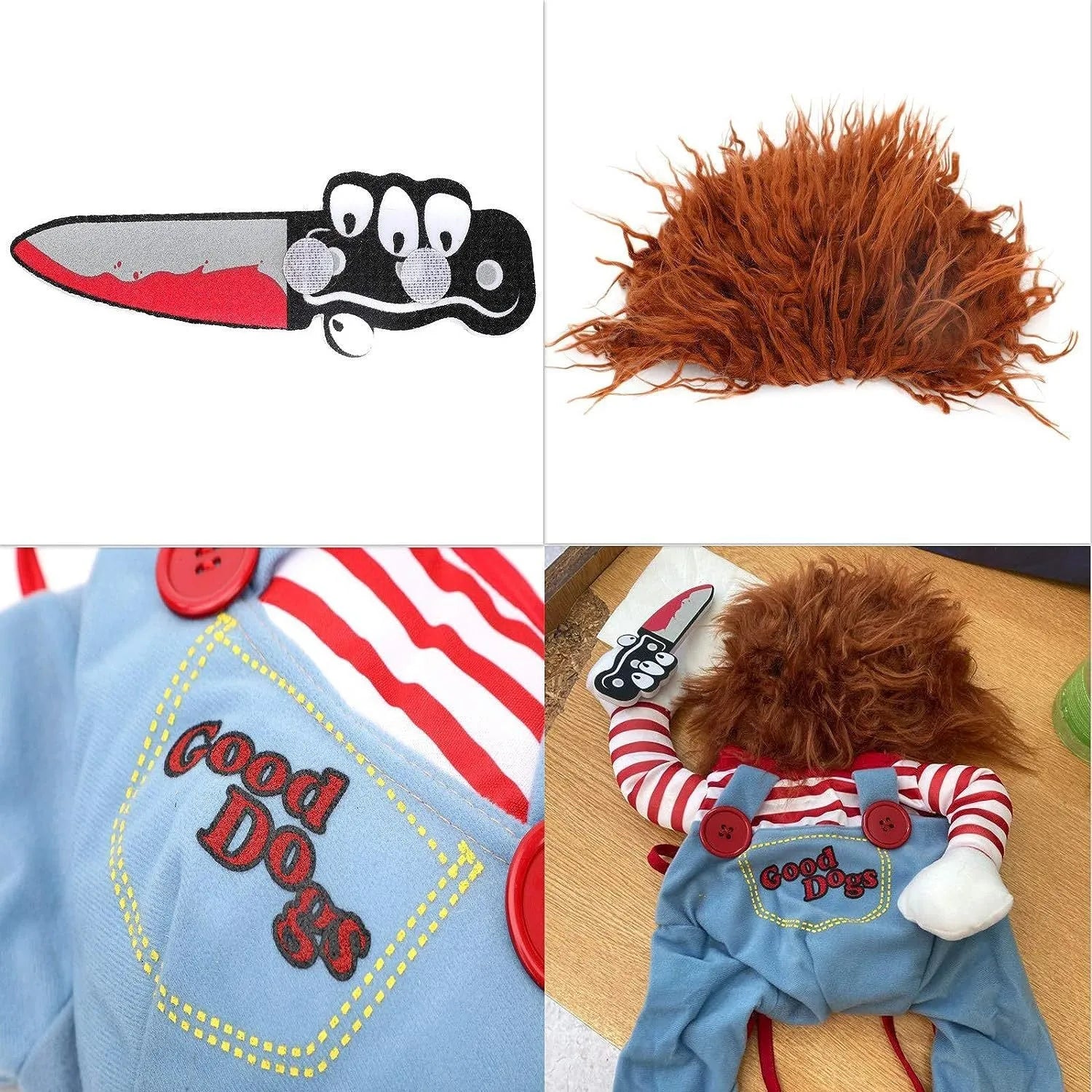 Striped Halloween harness costume set for a dog, showing pants, adjustable chest harness, and soft knife with bow tie.