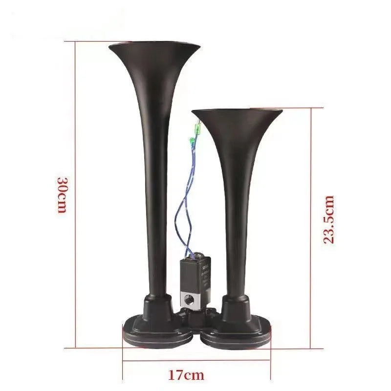 Black dual trumpet air horn compressor kit for 12V and 24V vehicles