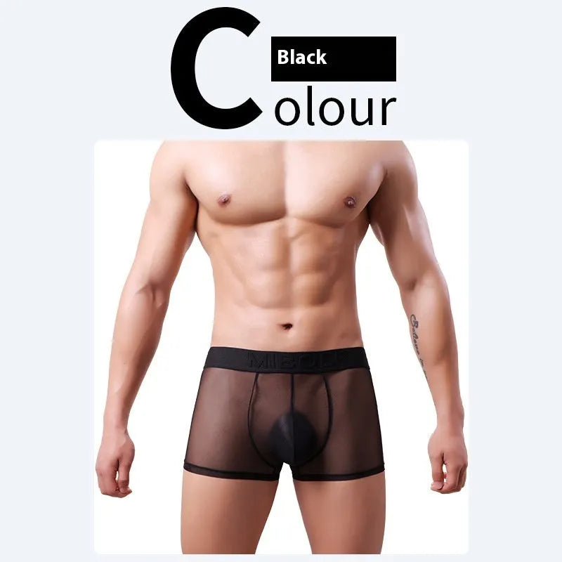 Men's thin invisible breathable boxer shorts in solid colours including black, white, and blue.