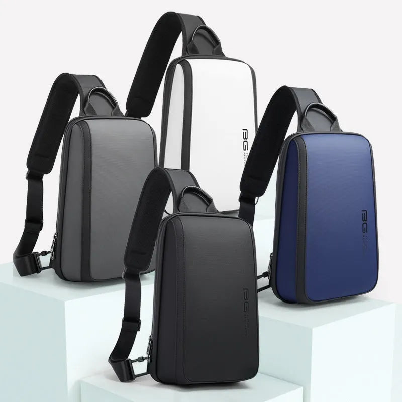 Blue Oxford cloth men's chest bag with cross-body straps and a top handle