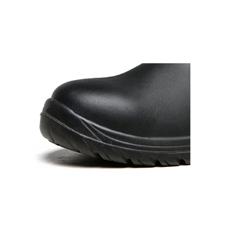 Black leather high-top safety shoes with anti-piercing protection for workplace use