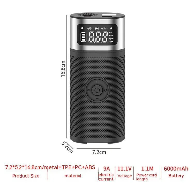Black portable wireless smart air pump with LED light, 15cm tube, and multiple nozzle attachments