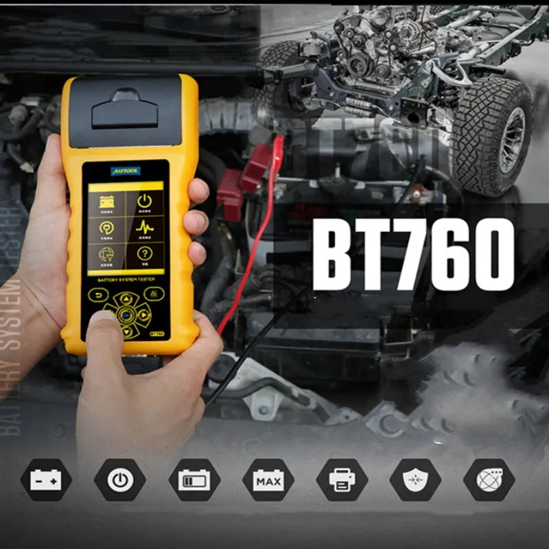 Autool BT760 vehicle battery tester with colour screen and thermal printer on a workbench