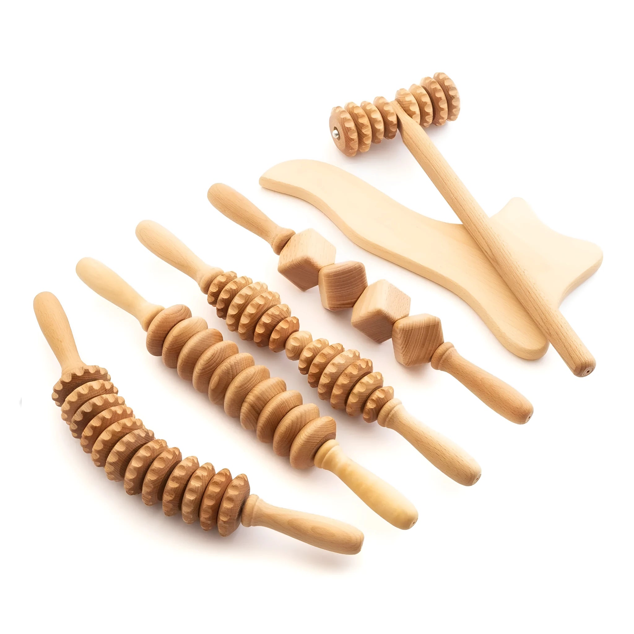 Beech wood massage roller set with T-shaped, straight, curved, and multi-wheel tools for lymphatic drainage