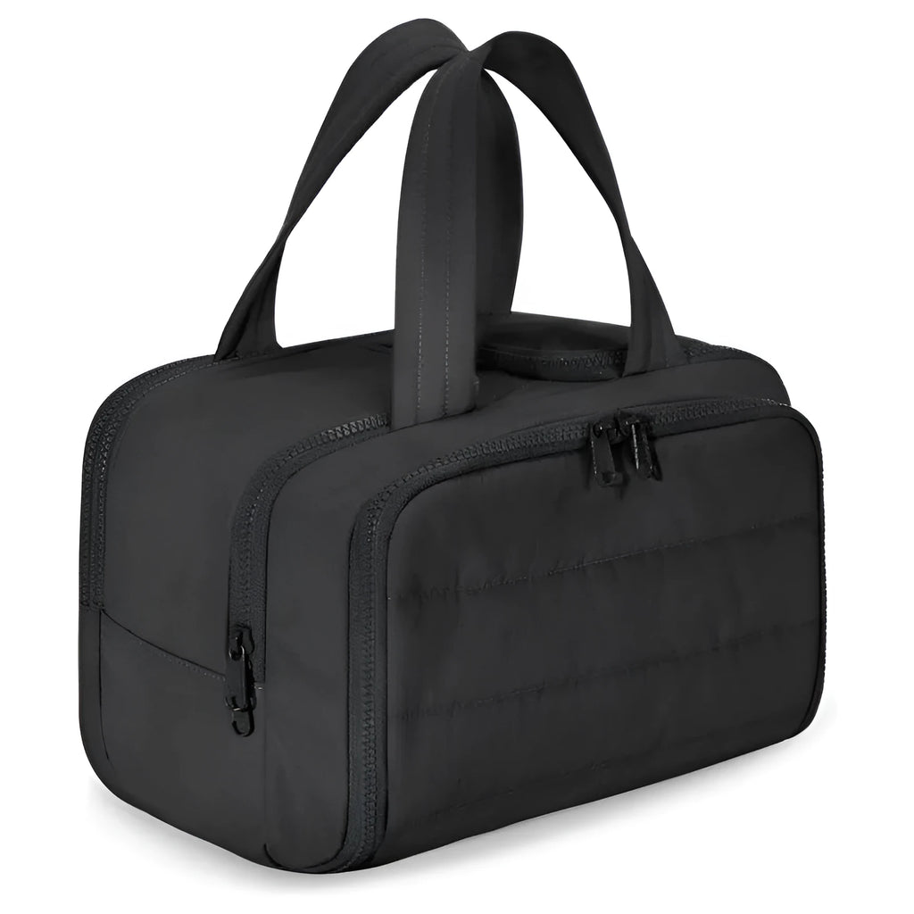 Large fluffy polyester travel toiletry bag open showing spacious interior, available in multiple colours