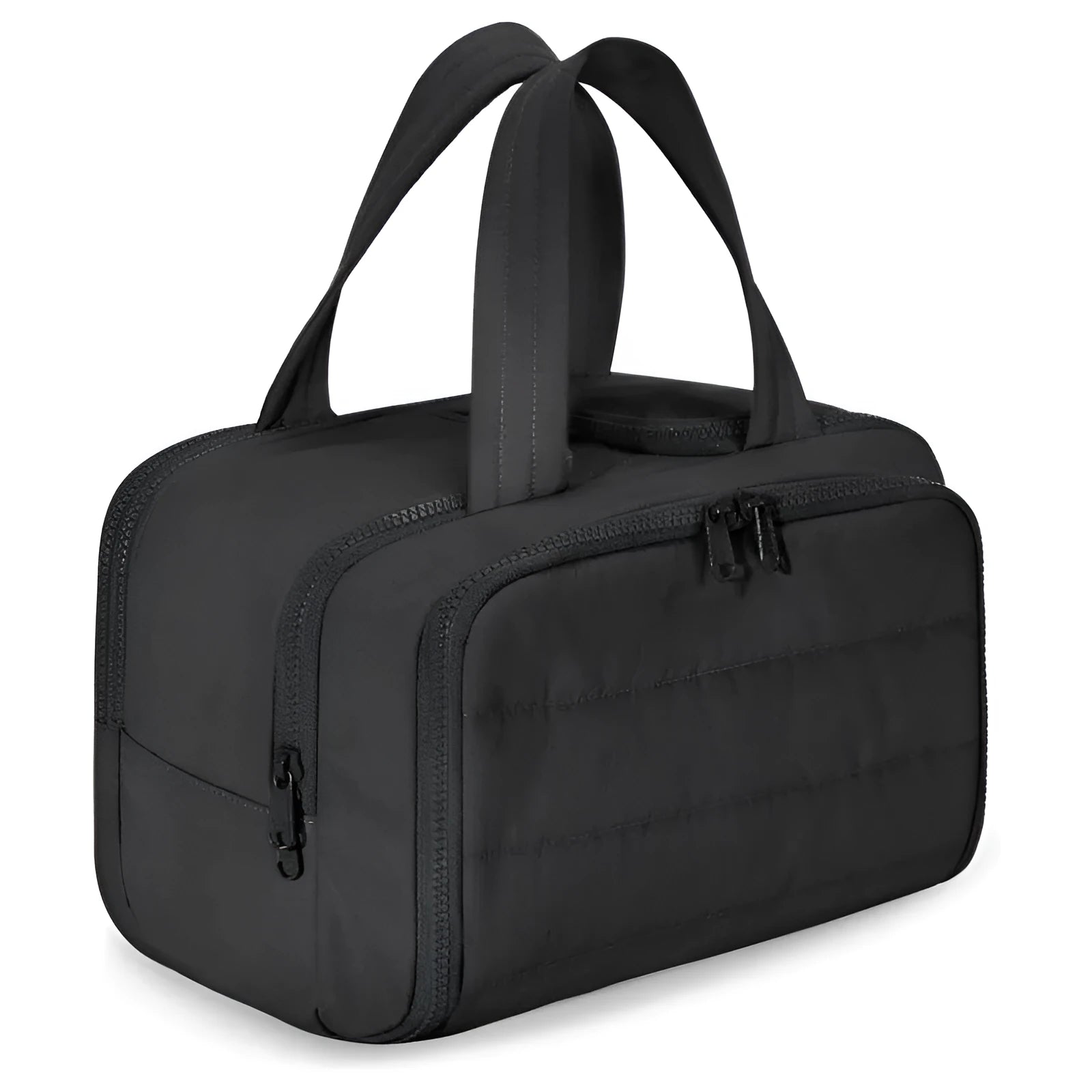 Large fluffy polyester travel toiletry bag open showing spacious interior, available in multiple colours