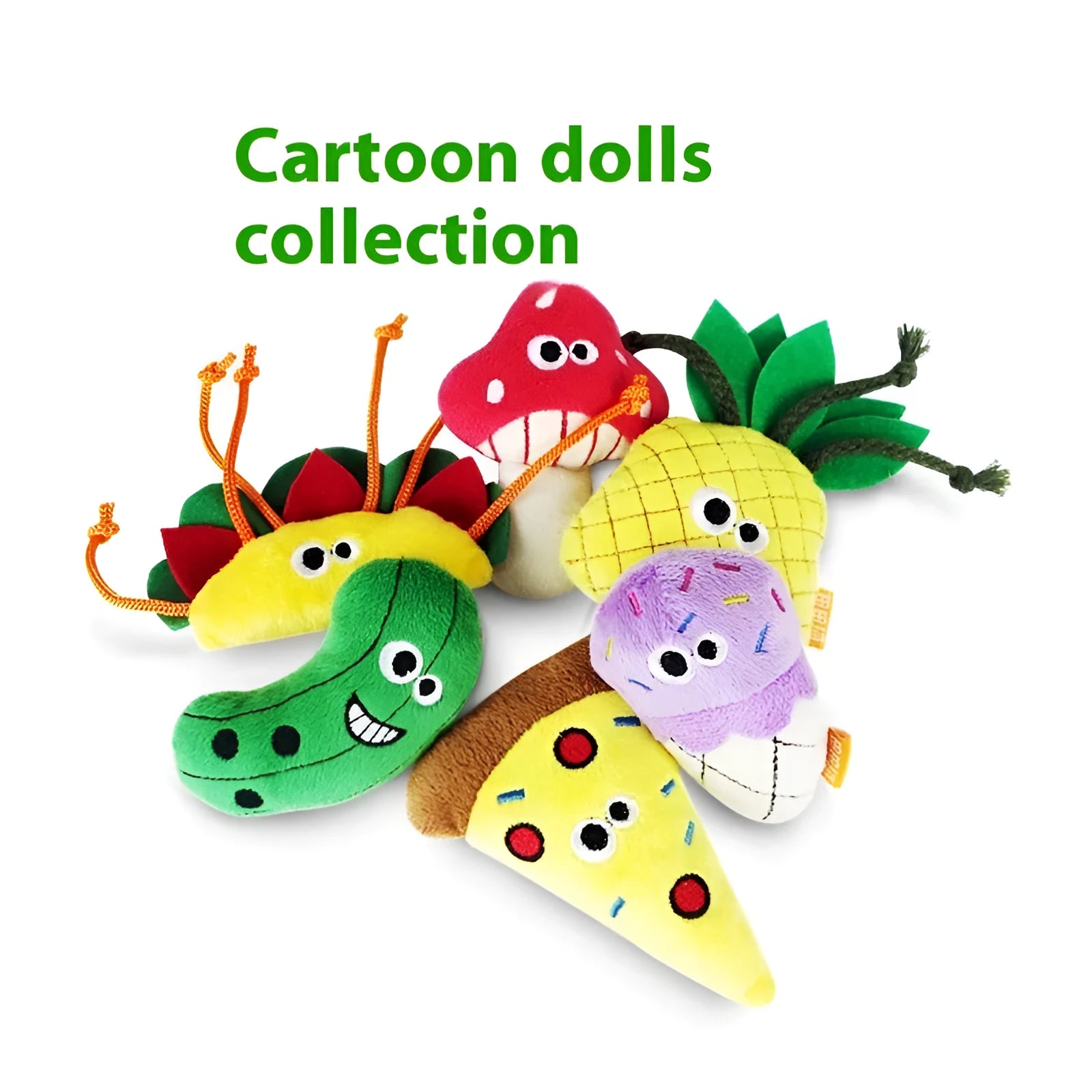 Catnip-filled plush cat toy in six food shapes: burrito, cone, cucumber, mushroom, pineapple, and pizza
