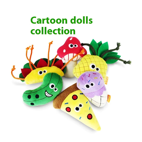 Catnip-filled plush cat toy in six food shapes: burrito, cone, cucumber, mushroom, pineapple, and pizza