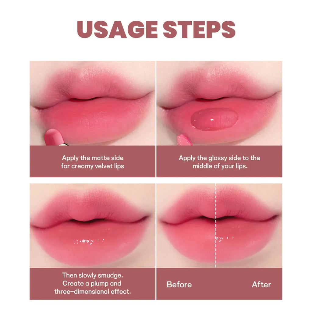 Double-headed lipstick and lip gloss product showing matte and glossy ends in one of ten available colours