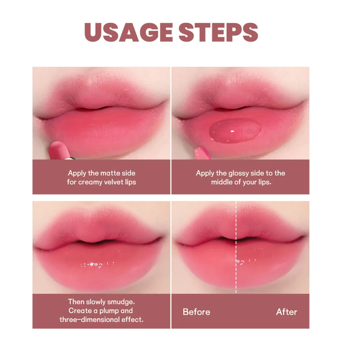 Double-headed lipstick and lip gloss product showing matte and glossy ends in one of ten available colours