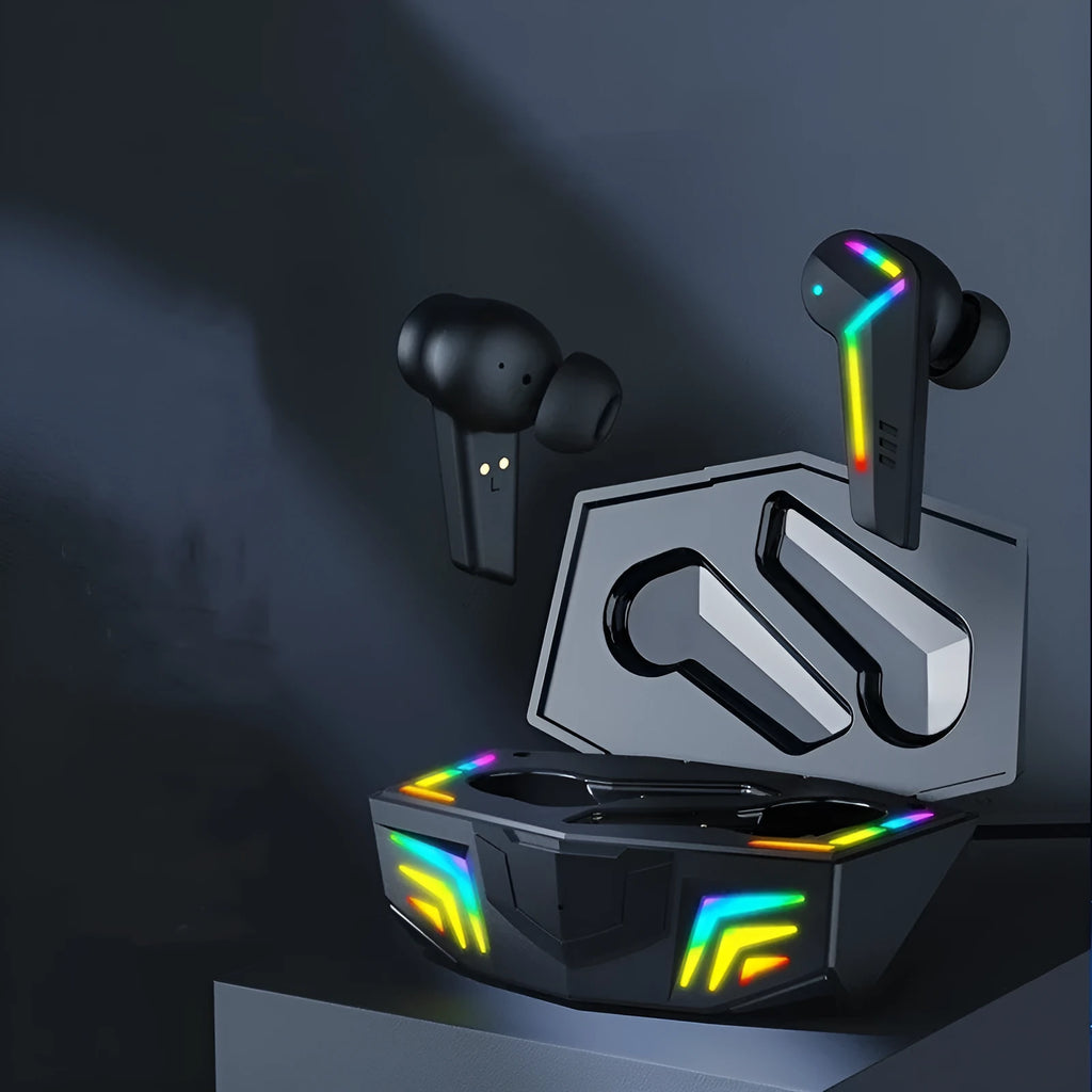 Black TWS Bluetooth sports headset with low latency gaming and NFC connectivity features.