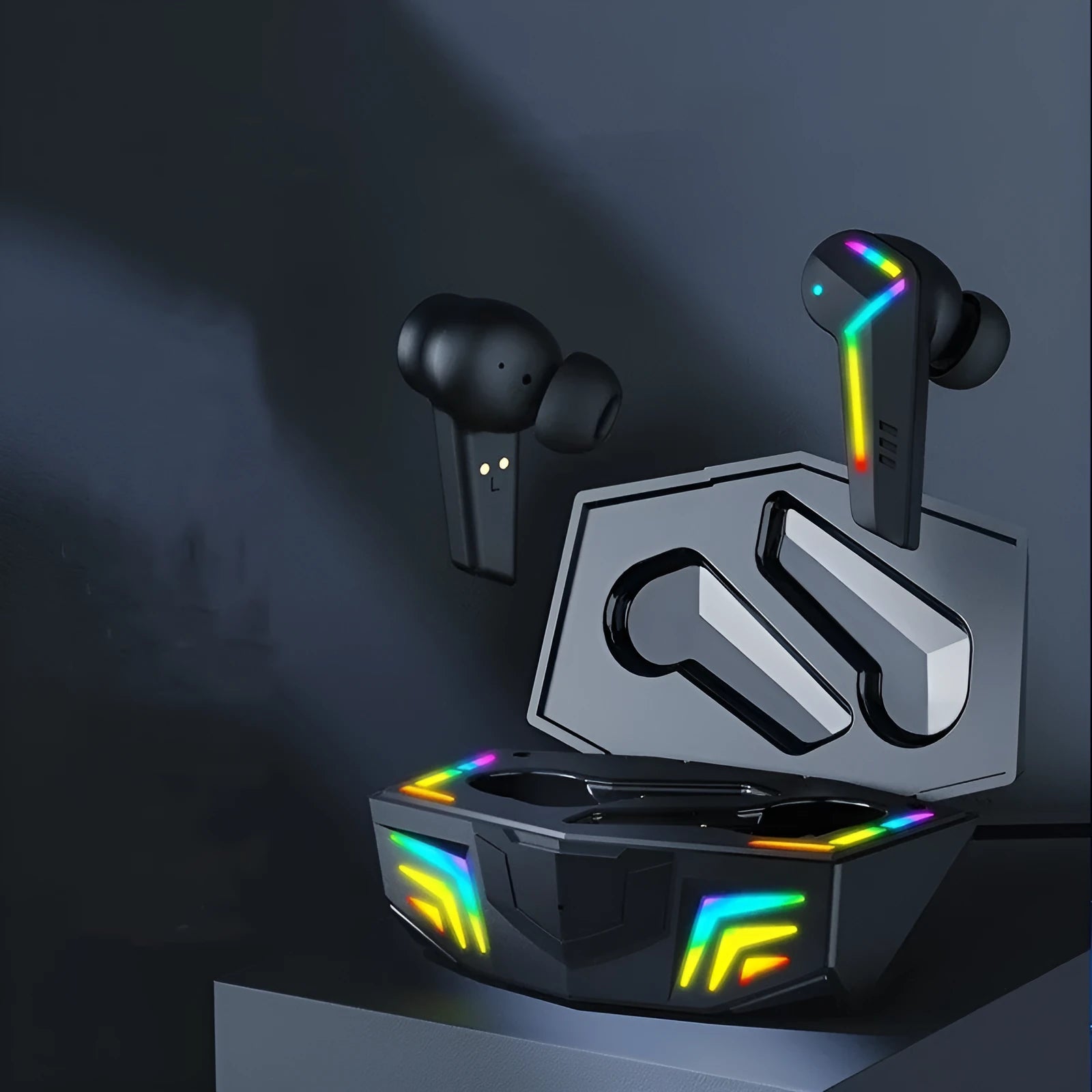 Black TWS Bluetooth sports headset with low latency gaming and NFC connectivity features.