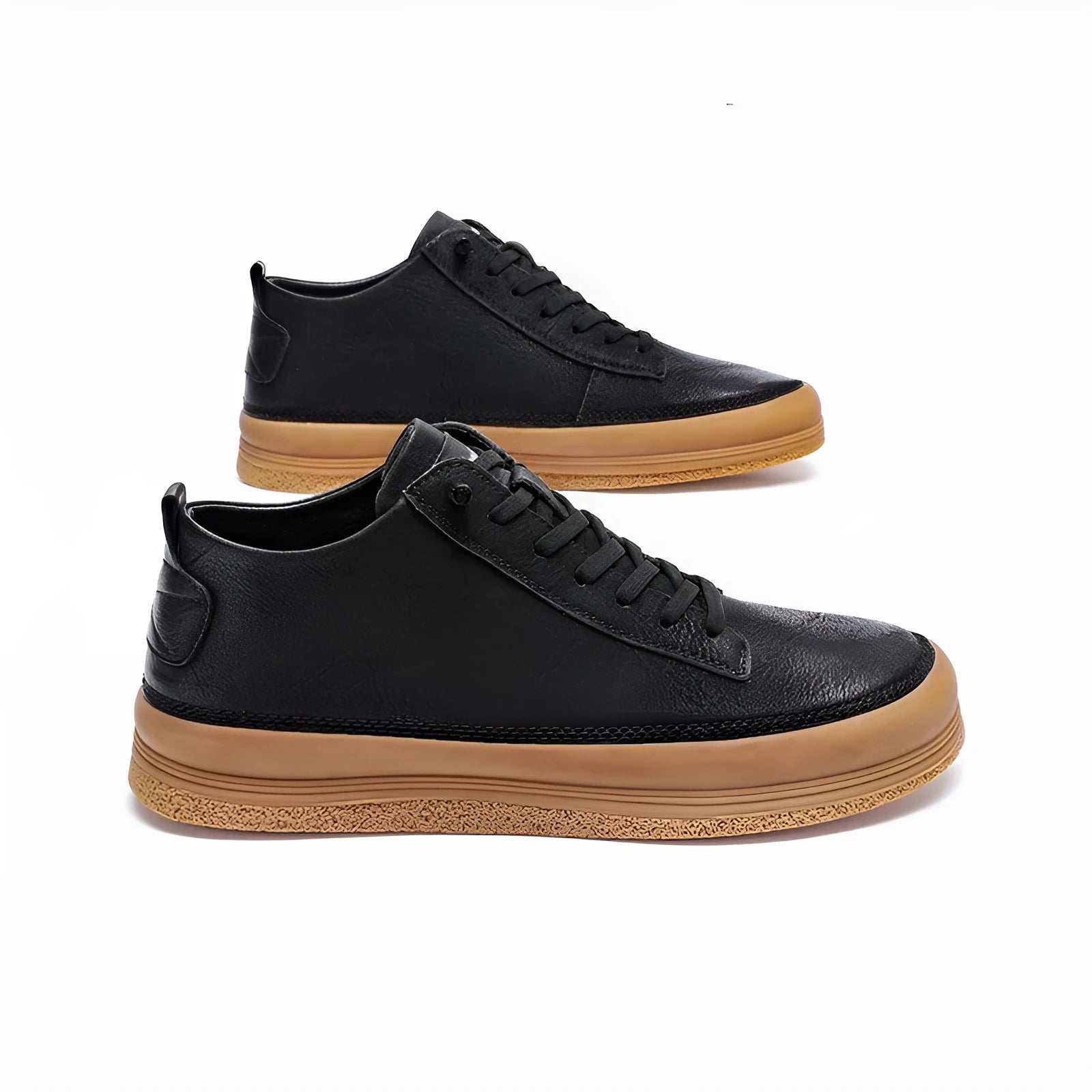 Men's black leather casual shoes with round toe and soft rubber soles shown from side view