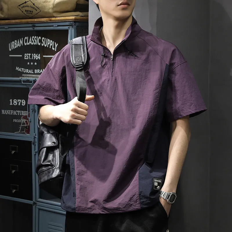 Men's brown and purple half-zip stand collar short sleeve shirt in ice silk fabric with loose fit summer design