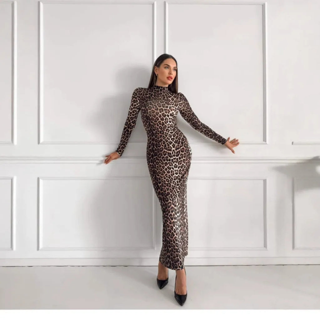 Leopard print long dress with stand collar, long sleeves, and high-waisted hip skirt design