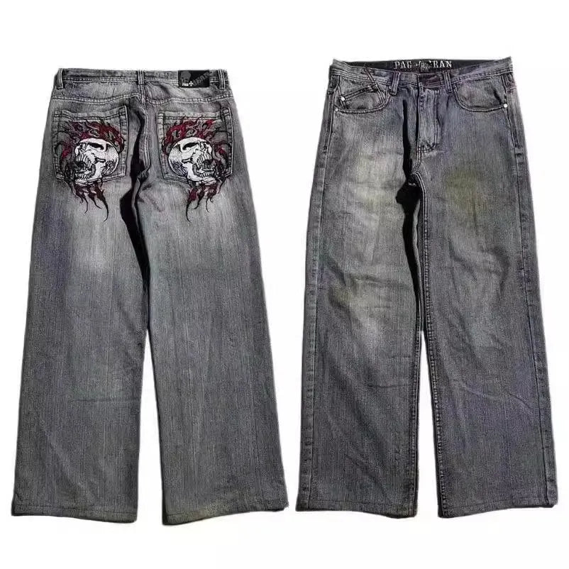 Grey washed-out men's jeans with a wide-leg, straight-cut retro workwear design.