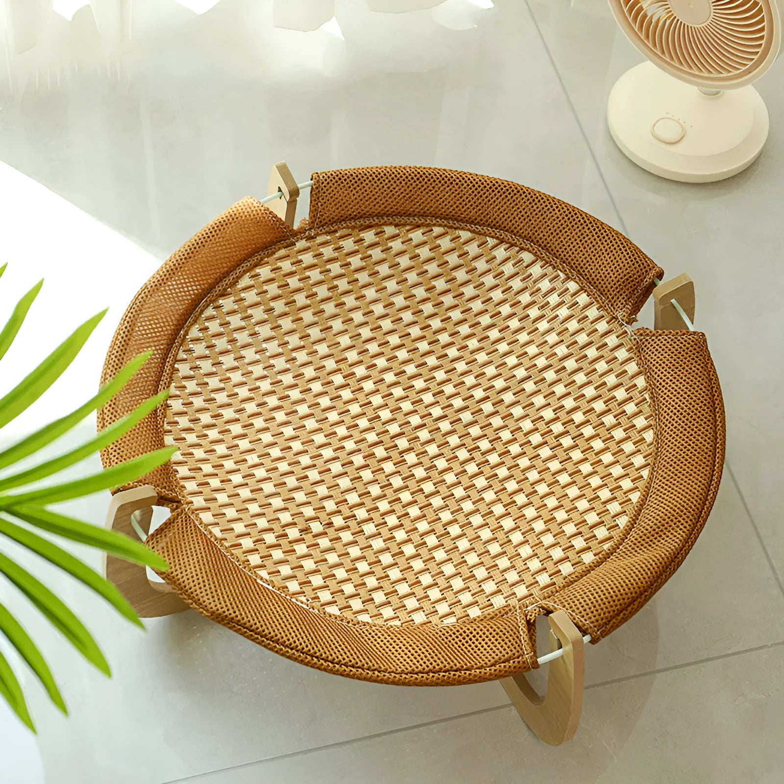 Brown woven rattan pet hammock bed measuring 46cm square with elevated design for cats and dogs
