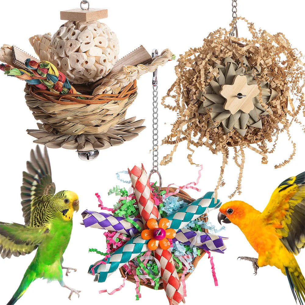 Parrot gnawing toy for beak maintenance in three different type specifications