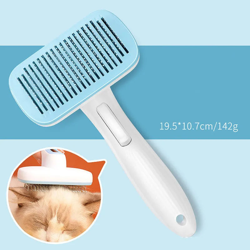 Automatic pet hair removal comb for dogs and cats in blue, grey, green, or pink colour.