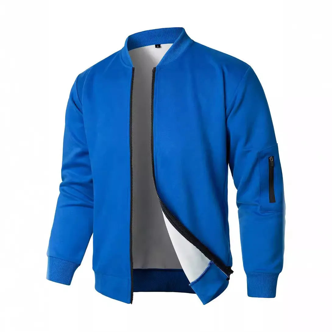 Men's loose fit long sleeve knitted jacket in cotton, shown in black, blue, or grey.