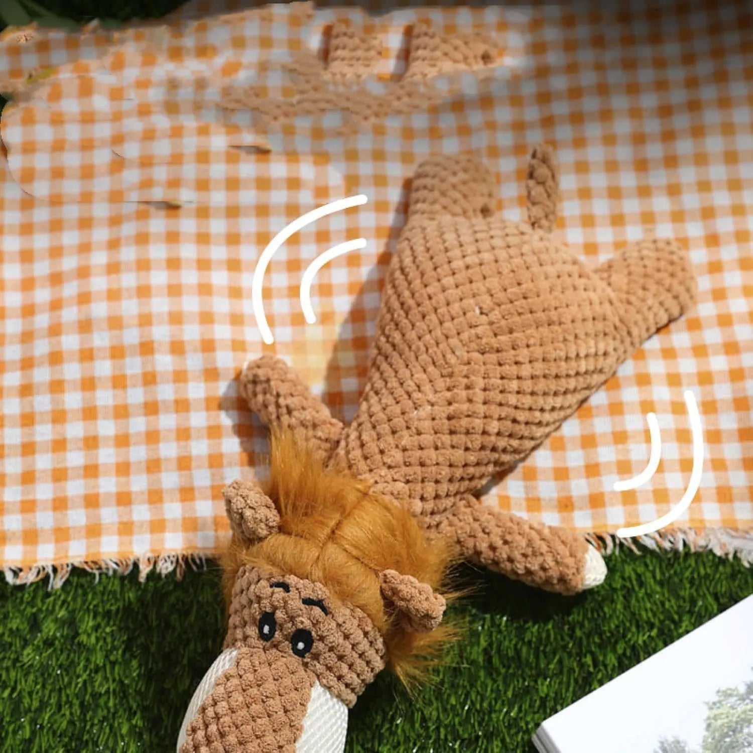 Plush dog toy with corn kernel texture in green grey or yellow featuring a built-in sound device for teeth grinding