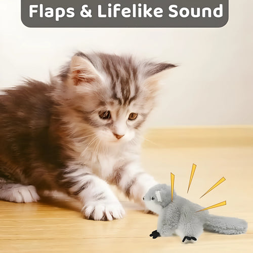 Grey flapping squirrel cat toy with waving wings showing touch-activated motion for interactive feline play
