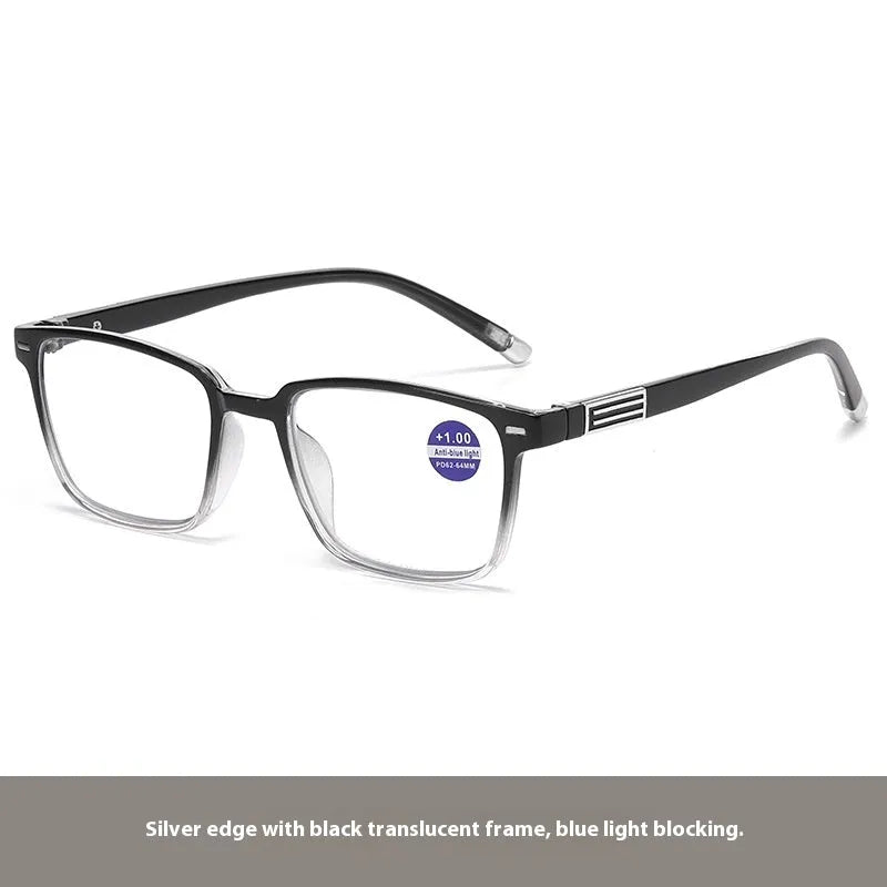 Multifocal reading glasses with colour changing, anti-blue light PC lenses in a black and silver frame style.