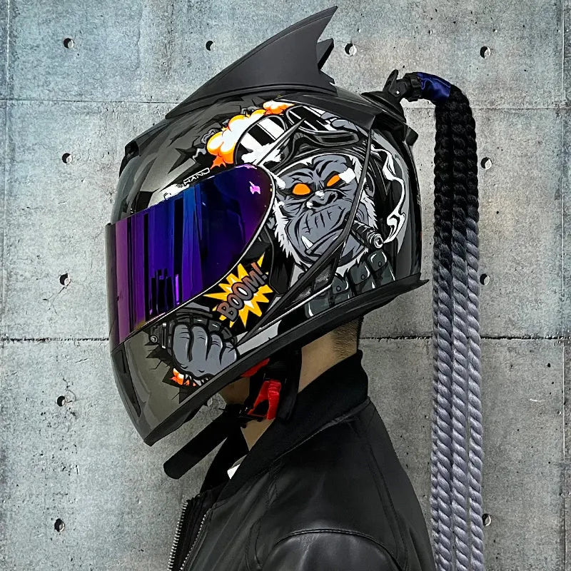 Couples' Dirty Braids graphic full face motorcycle helmet in ABS plastic on a white background.