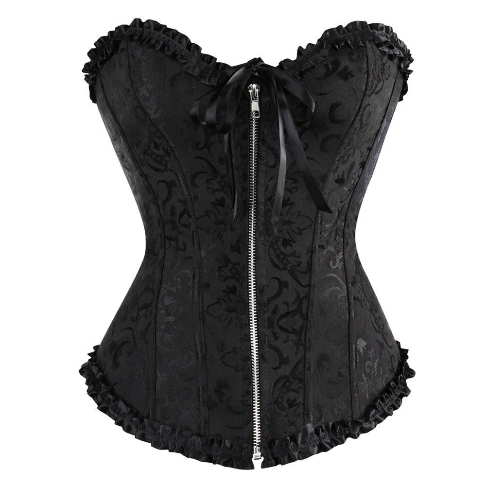 Court women's zipper-front jacquard corset in spandex fabric for waist support and shaping