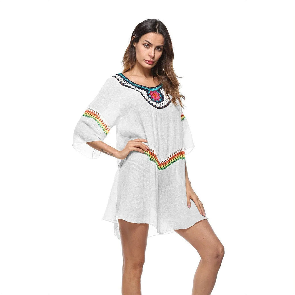 Women's crocheted ethnic style sun protection clothing cover-up in apricot colour.