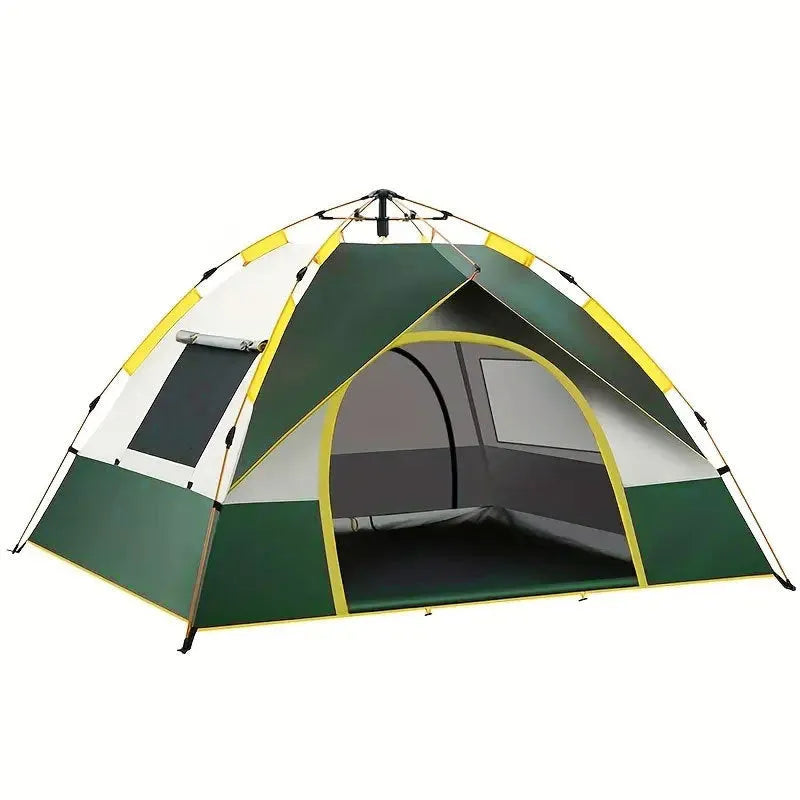 Dark green automatic quick-open camping tent for 3-4 people with year-round suitability