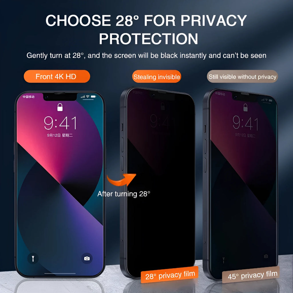 Anti-peeping tempered glass iPhone screen protector showing privacy angle restriction feature
