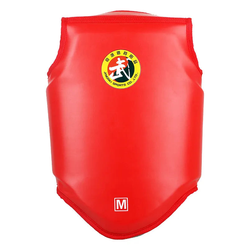 Red boxing helmet with integrated chest protector training gear shown from front